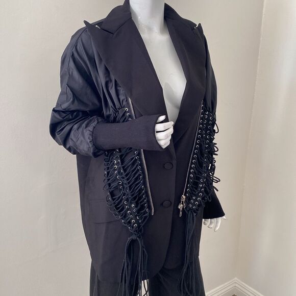 NWOT AKIRA Black Don Eyelet Oversized Blazer Bomber Jacket with Lace-up Details - Picture 6 of 12